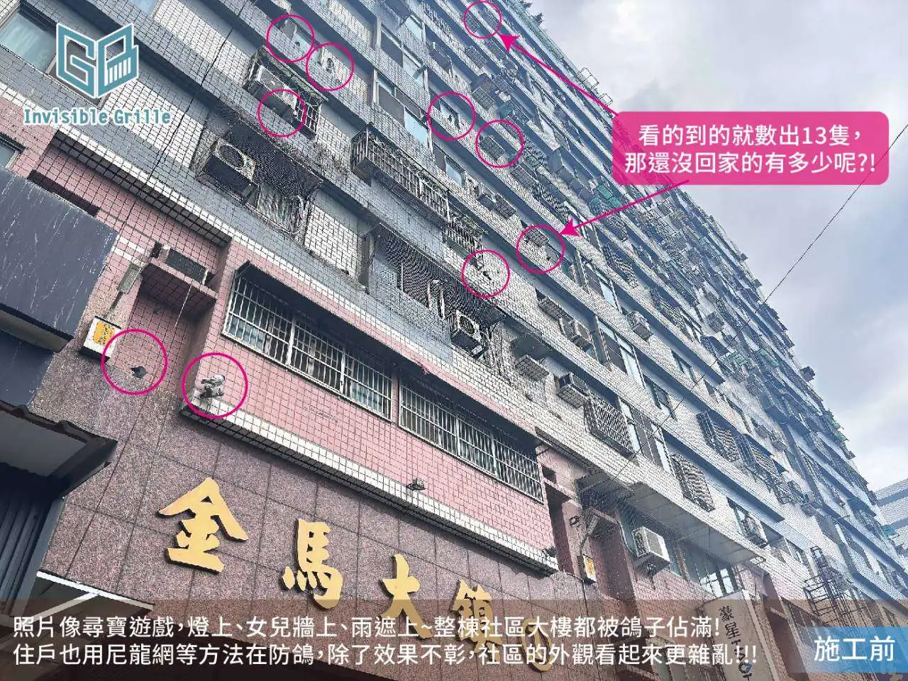 金馬大鎮嚴重鴿害，住戶用尼龍防鳥網使大樓外觀變得更雜亂